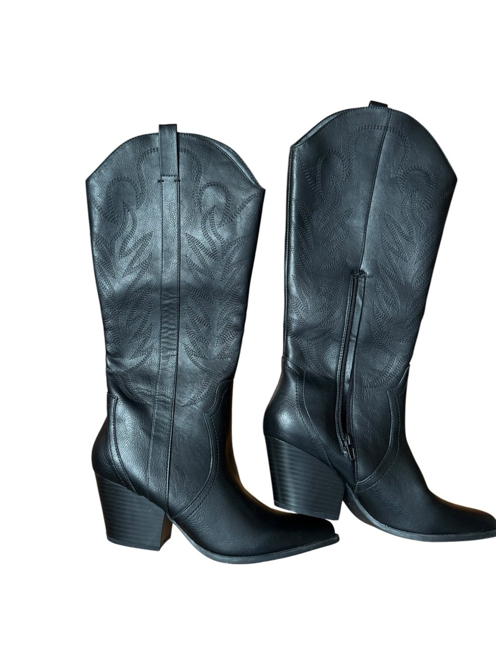 Black Women's Western Knee High Heeled Boots - Picture 2 of 5